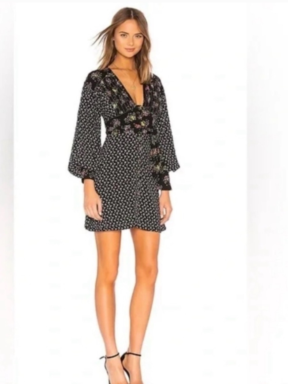 Free People Black Floral Wonderland Wrap-Style Mini Dress